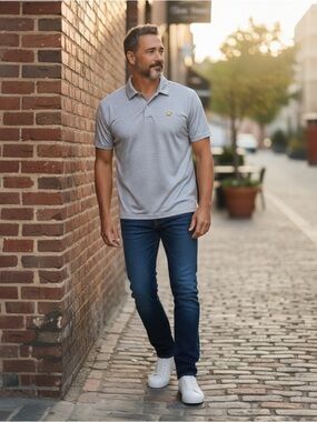 Greg Norman Collection Men's Polo in Blue Stripes